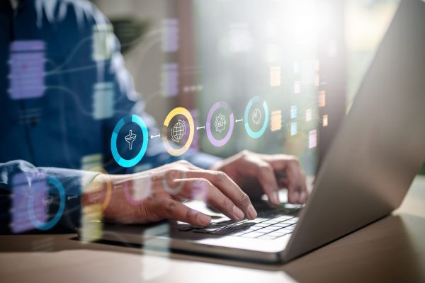 analyst working with business analytics and data management with metrics connected to database. technology, digital, security, network, futuristic, interface, system, datum, database, innovation. analyst working with business analytics and data management system with metrics connect to database.
